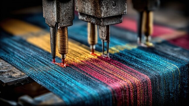 Close-up view of industrial sewing machines creating vibrant fabric with intricate stitching details