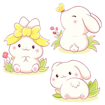 Set of little bunny in kawaii style. Tiny baby rabbit in multiple poses. Cute rabbit expression sheet collection. Can be used for t-shirt print, sticker, badge, greeting card. Vector illustration EPS8