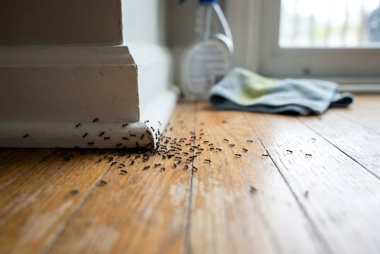 Ants marching on wooden floor near baseboard interior home infestation problem with pests and cleaning supplies in background.