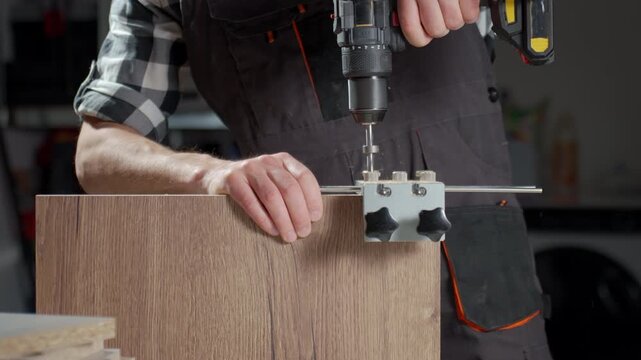 Person using cordless drill with guide jig on wooden board in workshop. Woodworking, carpentry and furniture assembly concept.