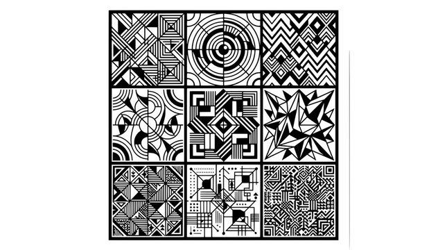 Geometric pattern tile with black and white abstract line art squares, intricate labyrinth motifs and zentangle style details