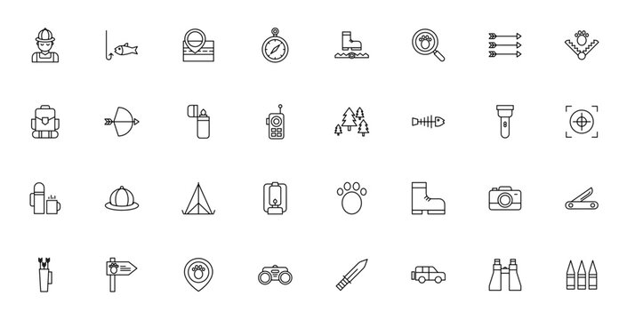 Hunting icon set. Outdoor vector icons pack. Featuring hunter, fishing, map, compass, trap, arrows, backpack, bow, tent, torch and more. Editable vector stroke.