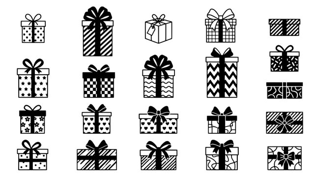 Gift box icons set with bow ribbons and monochrome patterns for festive holiday design and website decoration