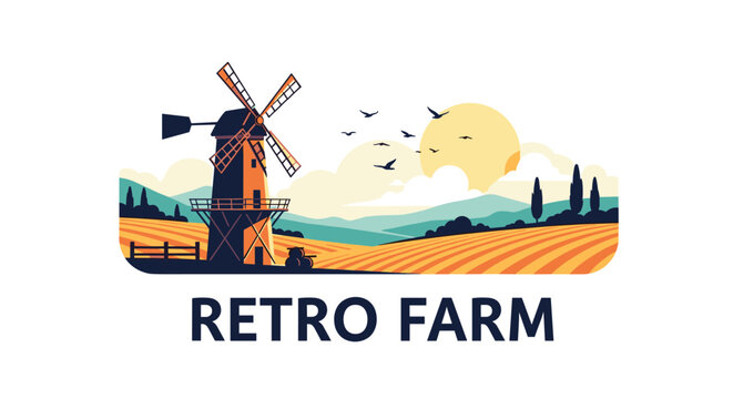 Idyllic retro farm landscape featuring a large windmill and cultivated fields under a warm evening sun with birds flying.