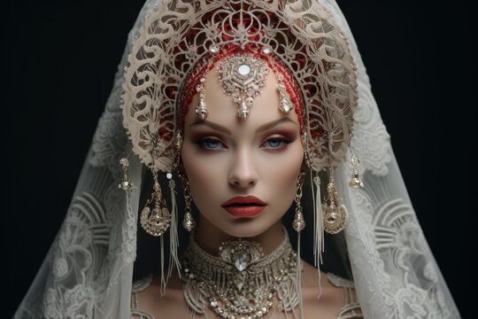 Studio portrait of fashion model wearing traditional russian headdress and jewelry