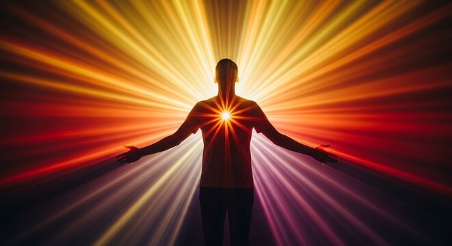 "Silhouette of a person standing with arms outstretched, bright starburst energy radiating from chest, colorful light rays exploding outward"