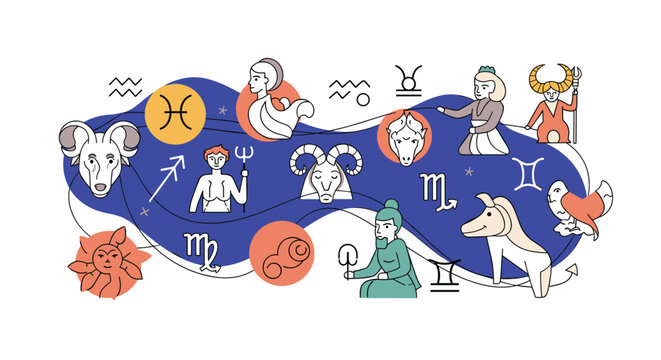 Artistic horoscope illustration featuring various zodiac signs like aries, pisces, and sagittarius among astrological symbols and stars.
