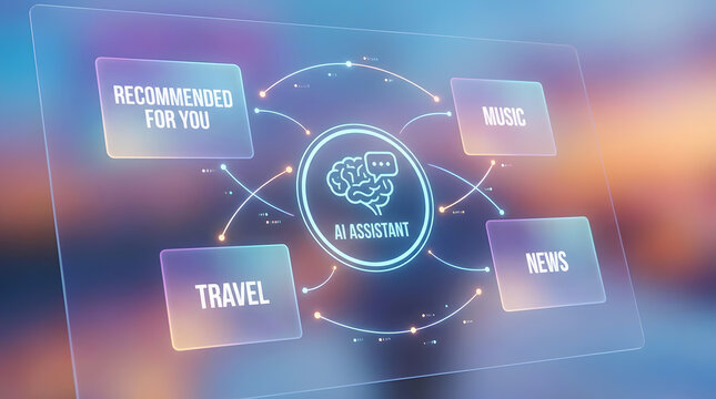 AI assistant interface displaying personalized recommendations for music, news, and travel experiences