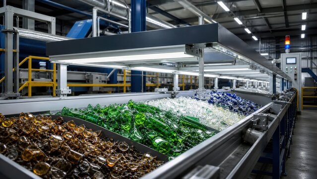 Recycling facility with sorted glass bottles and containers during operational hours for waste management and environmental sustainability
