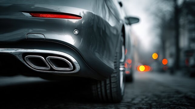 Dual chrome exhaust pipes on a modern luxury car parked in a city street during twilight with bokeh lights
