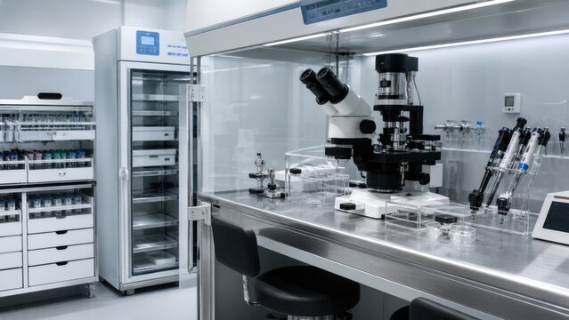 Laboratory setting with microscope, storage units, and lab equipment during a research session in a modern facility