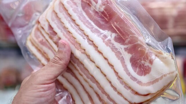 Customer holding a package of sliced bacon at a grocery store supermarket. Close-up of a hand showing vacuum-packed raw pork meat product on display in the food department. Stock video footage.