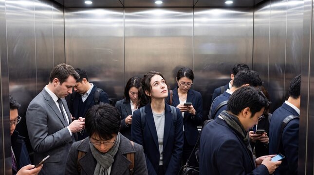 Diverse Group of Business Professionals in a Crowded Modern Elevator with One Woman Looking Up