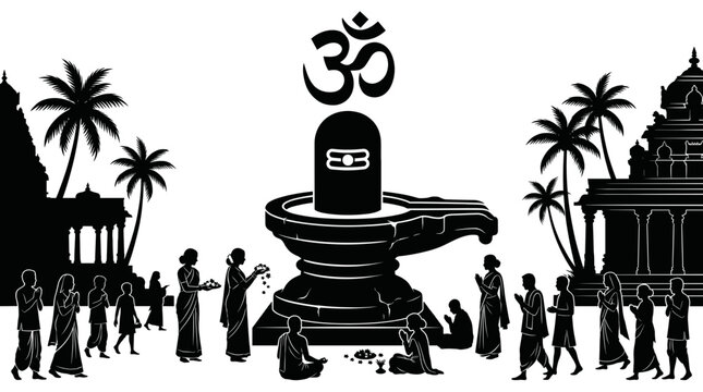 Black silhouette vector of a large shivaling with the om symbol, surrounded by a crowd of praying Hindu devotees against a traditional temple architecture background.