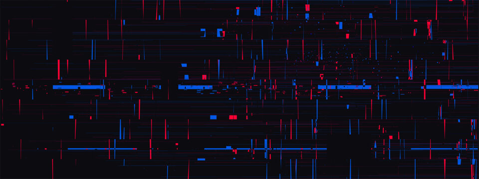 Vhs noise effect for cctv screen. Cyber glitch pattern bg with blue pixel texture and grunge static interference on black background. Gamer error banner with stripes distortion and disintegration bug