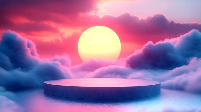 Vibrant sunset over clouds with a circular platform
