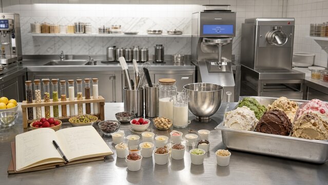 Ice cream preparation station with various ingredients and tools set up for making desserts in a kitchen environment