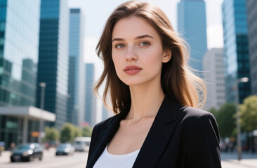Fototapeta premium Bright sunlight highlights a confident woman in formal wear walking through a modern urban landscape. Skyscrapers rise in the background, capturing the essence of city life Generative AI
