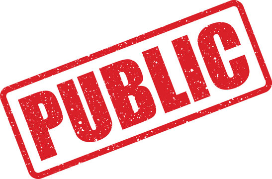 Prominent red PUBLIC grunge rubber stamp effect on a pristine white surface denoting open access and widespread availability