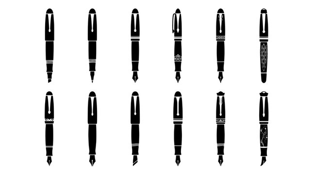 Pens fountain set with various designs and textures featuring writing tools, stationery, black and white with ink and calligraphy elements for