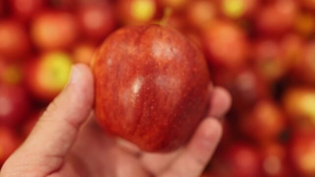 Hand holding a fresh ripe red apple fruit in a supermarket. Close-up of organic sweet agriculture product on a blurred grocery store display background.