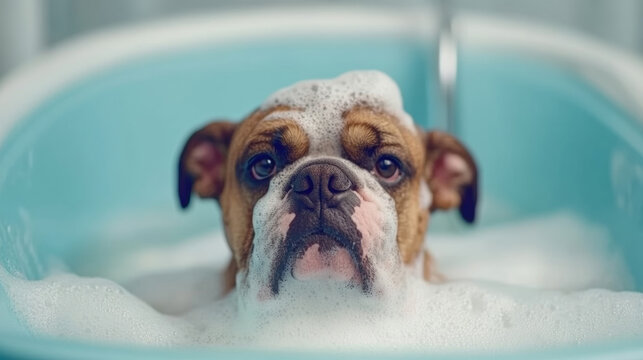 Bulldog enjoys bath time with bubbles in a cozy bathroom setting