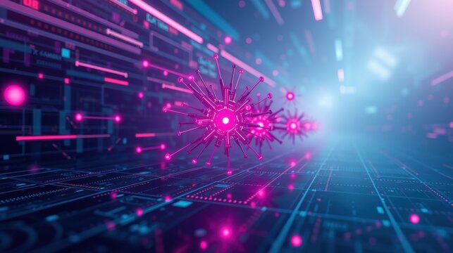Futuristic digital landscape. Glowing virus particles travel through network lines. Bright pink, blue hues dominate scene. Data streams visible.