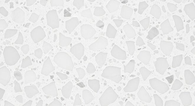 White terrazzo texture exhibiting polished marble chips in a minimalist architectural layout for interior design branding
