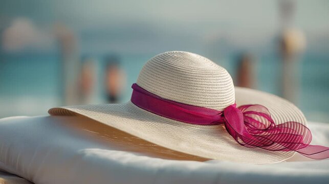 A white straw hat with a pink ribbon against a blurred beach background , a concept of summer vacation and travel.
