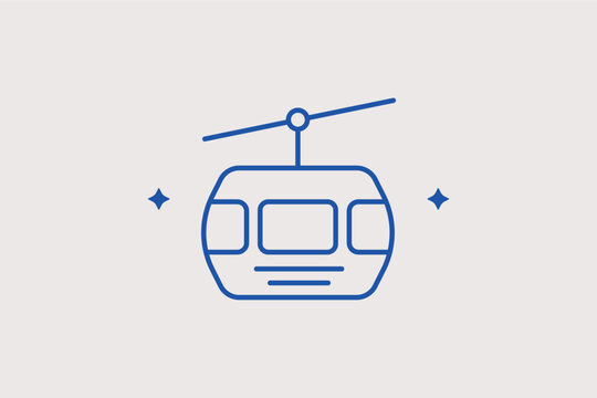 An aerial cable car cabin line icon for mountain ski resort navigation guides and urban funicular transit maps. Vector illustration for alpine tourism websites and winter sport mobile dashboards.