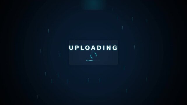 A digital interface screen displays uploading message with progress indicator, surrounded by a dark, futuristic background with animated lines