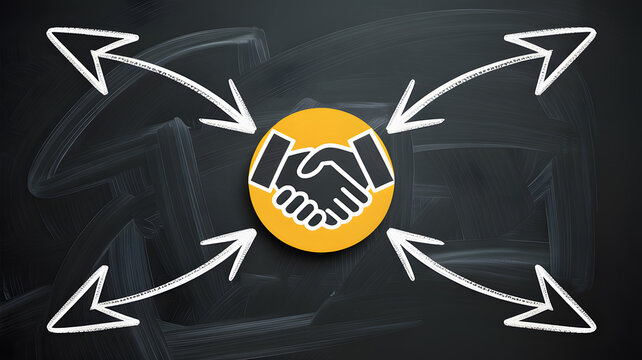 A handshake icon surrounded by arrows on a black background representing partnership and cooperation
