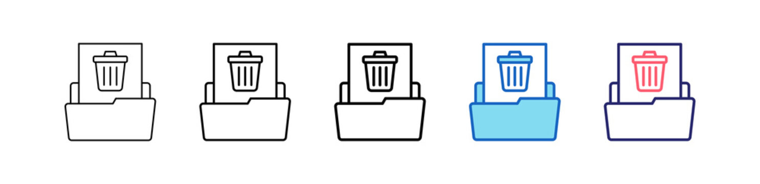 Delete File Icon In 5 Different Styles Set Collection.   
