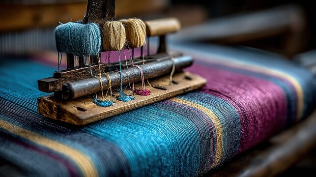 Close-up of colorful yarns on a traditional weaving loom creating a vibrant fabric pattern