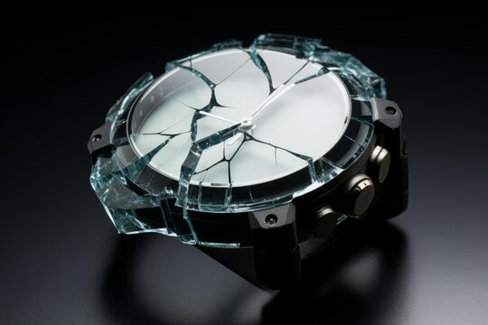 Broken glass covering a wristwatch face, representing lost time, damage, and crisis