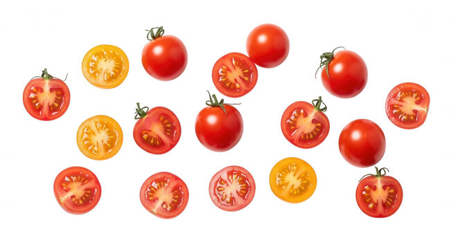 Red and yellow cherry tomatoes, whole and sliced in half, arranged on a solid black background, for a top-down, food composition