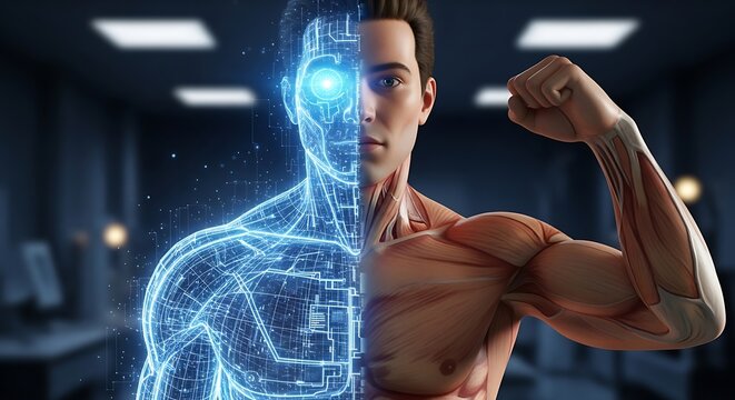 "Half cybernetic half human muscular man, glowing blue holographic skeleton on left side, powerful athletic body, futuristic technology vs human strength"