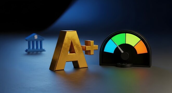 Golden letter A plus sits beside performance gauge symbolizing top credit rating and financial health