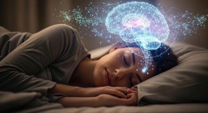 Woman sleeping in bed, glowing digital brain. Represents dreams, brain health, cognitive function, neuroscience concept.