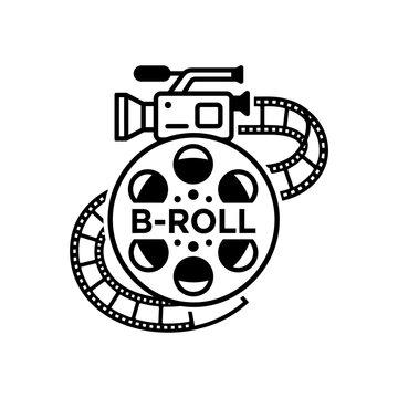 B-ROLL text on film reel with video camera and film strip icon in flat black and white line art style illustration