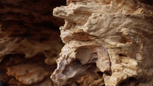 Close-up of raw textured wood piece for traditional carving. Detailed texture of natural rustic timber root with cracks and rough surface on a market in Vietnam.