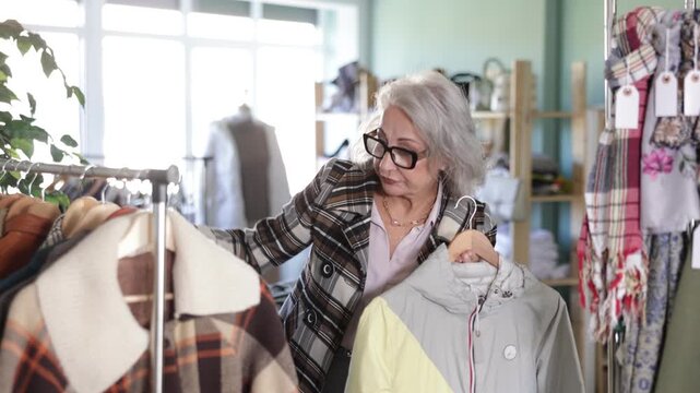 Senior woman client pre-examine fabric and style of product, is busy choosing down jacket or drap coat. Client enjoys shopping, clothing and accessories for whole family, seasonal sale