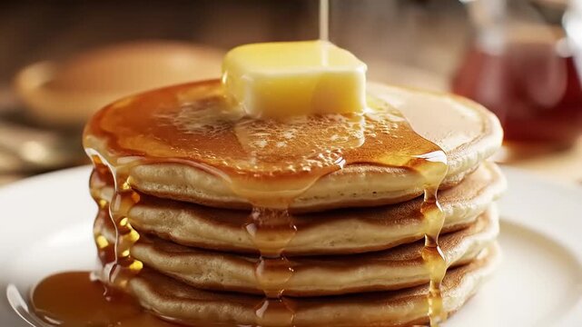 Delicious Stack of Pancakes with Butter and Syrup Pouring Over.
