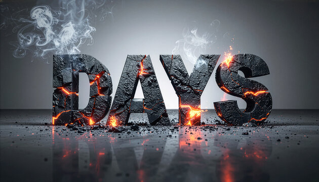 3D text Days made of cracked burning coal with glowing magma, fire, and smoke 