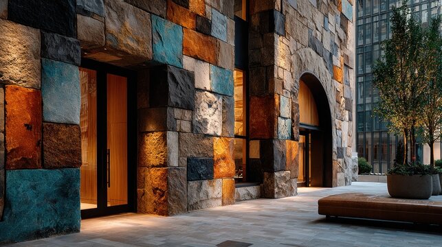 Modern building facade with colorful stone cladding and inviting entrance with modern landscaping