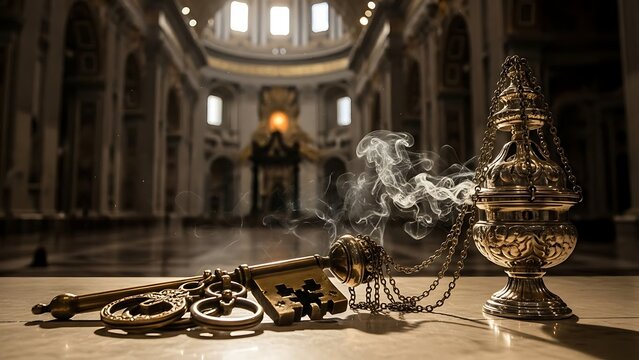 Ancient Keys and Incense Burner in a Grand Cathedral.