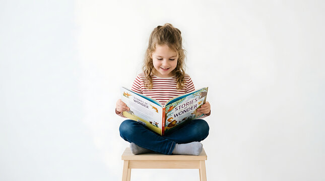 A little girl sitting cross-legged on a stool reading a colorful book indoors