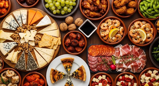 Delicious antipasto, cheese and meat platters, appetizer buffet spread