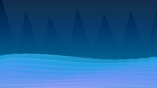 Abstract landscape featuring dark triangular peaks over layered blue waves