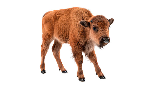 A small young American bison buffalo calf livestock animal standing side view profile looking forward isolated on transparent background